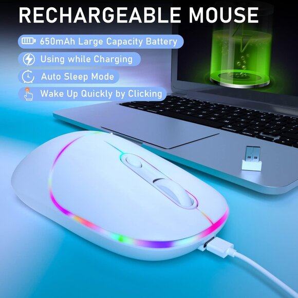 Silent 2.4GHz Wireless Mouse White‎ Rechargeable with RGB - Picture 6 of 9